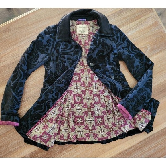 Free People Jacket Womens Size 2 Navy Paisley Peplum Velvet Floral Buttoned Boho - Picture 3 of 10